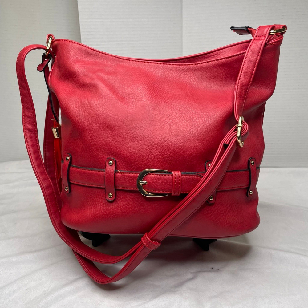 Red Vegan Leather Hobo Bag Gold Tassel Buckle Slouchy Bag Pop of Red Aesthetic - Picture 2 of 15